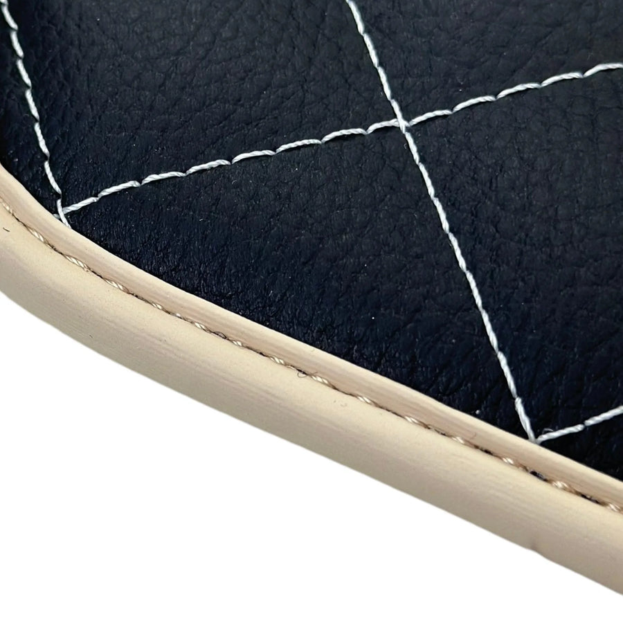 Leather Floor Mats for Ferrari 488 Spider 2015-2022 with White Sewing ER56 Design | Beige Trim - AutoWin