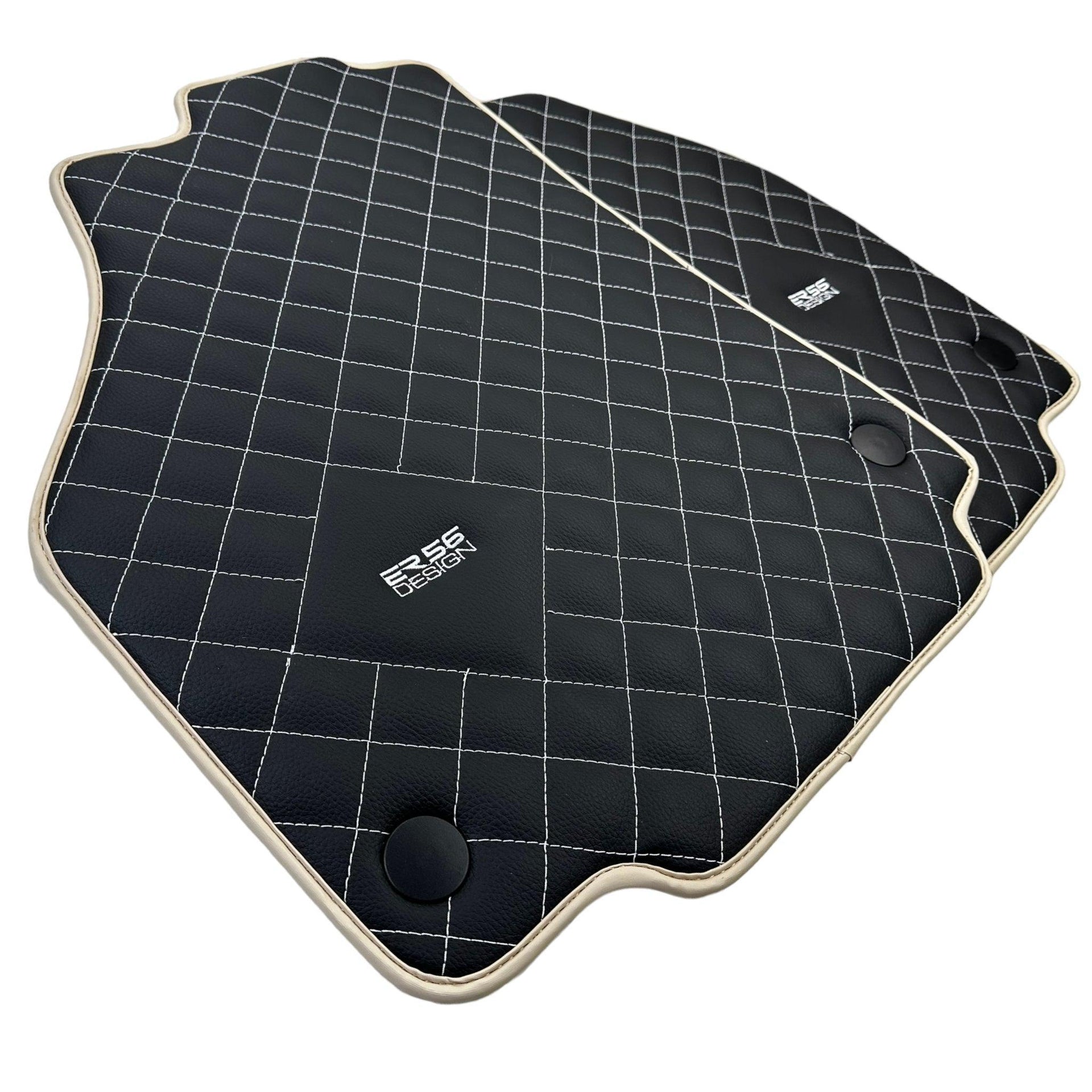 Leather Floor Mats for Ferrari 488 Spider 2015-2022 with White Sewing ER56 Design | Beige Trim - AutoWin