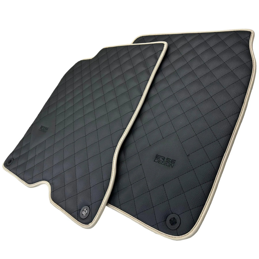 Leather Floor Mats for Ferrari California T (2015-2018) Black Sewing ER56 Design | Beige Trim - AutoWin