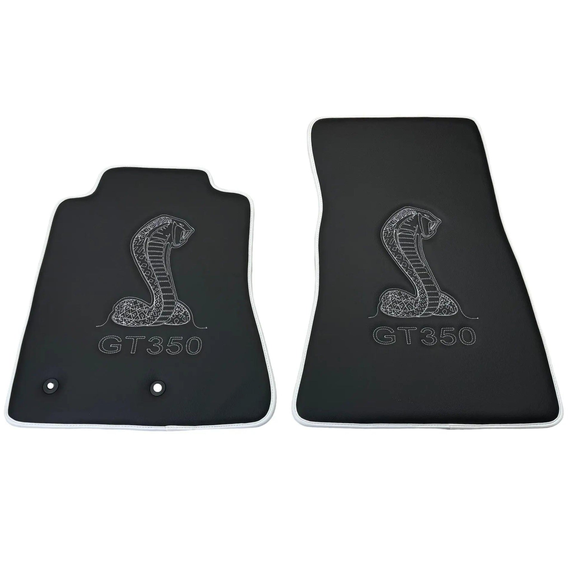 Leather Floor Mats for Ford Mustang GT350 Shelby (2015-2021) with Cobra Sewing | White Trim - AutoWin