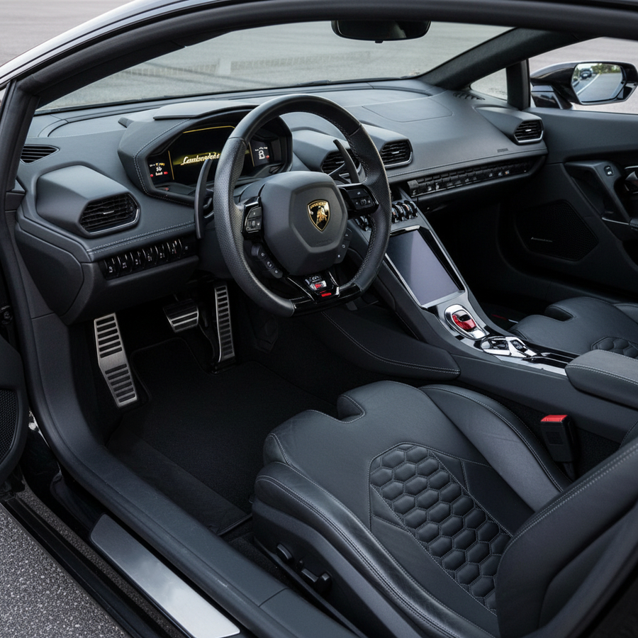 Czarne dywaniki samochodowe do Lamborghini Huracan EVO (2019-2024) z czarnej skóry Alcantara