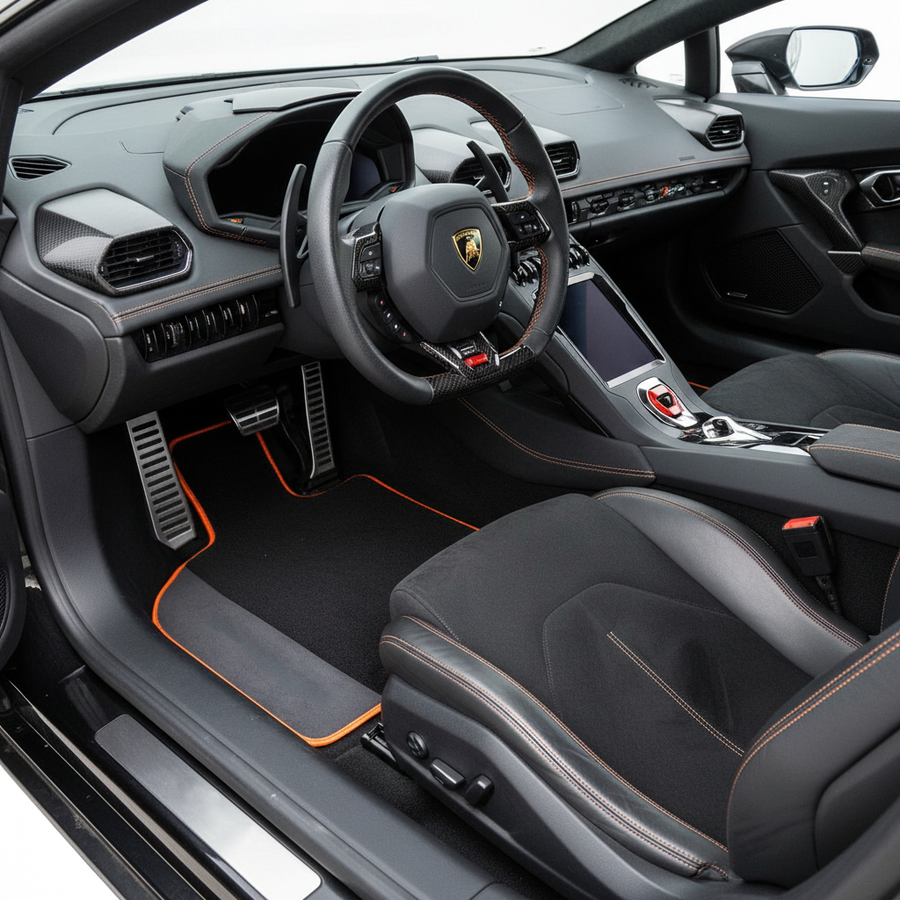 Szyte na miarę czarne dywaniki samochodowe dla Lamborghini Huracan STO z czarnej skóry i pomarańczowym wykończeniem