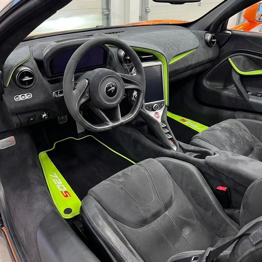 Black Floor Mats For McLaren 720S Year 2017-2021 With Green Leather