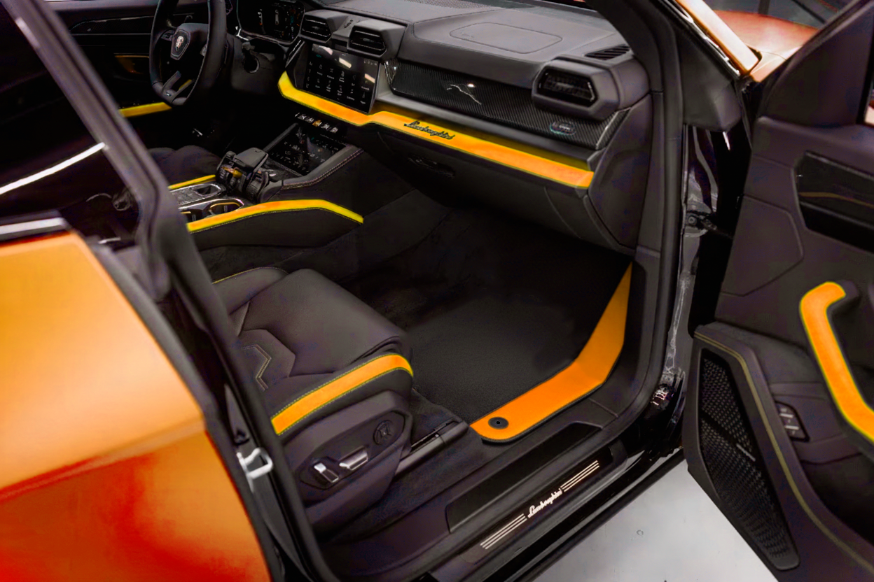Customizable Black Floor Mats For Lamborghini Urus S With Orange Alcantara Leather
