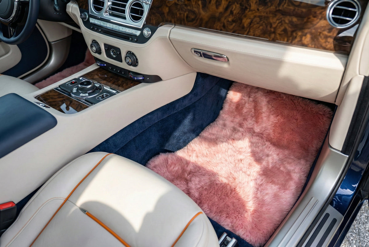 Interior look of floor mats for Pink Sheepskin Floor Mats For Rolls Royce Dawn Rr6 2016-2023 Er56 Design Brand
