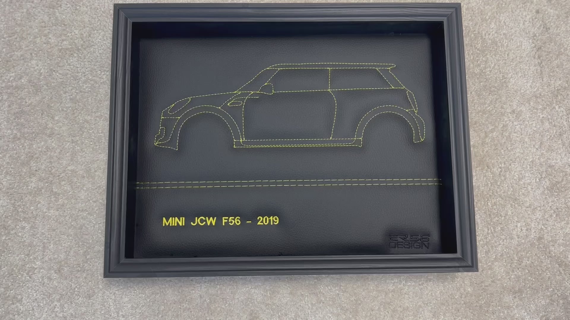 Black Leather Mini F56 Inspired Wall Art: Embroidered Yellow Stitch - ER56 Design