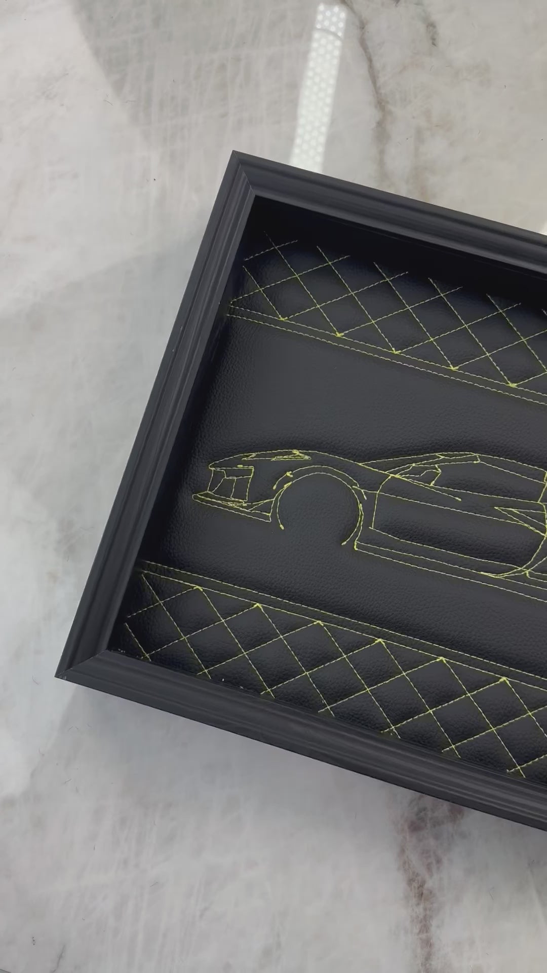 Black Leather Corvette C8 Inspired Wall Art: Embroidered Yellow Stitch - ER56 Design