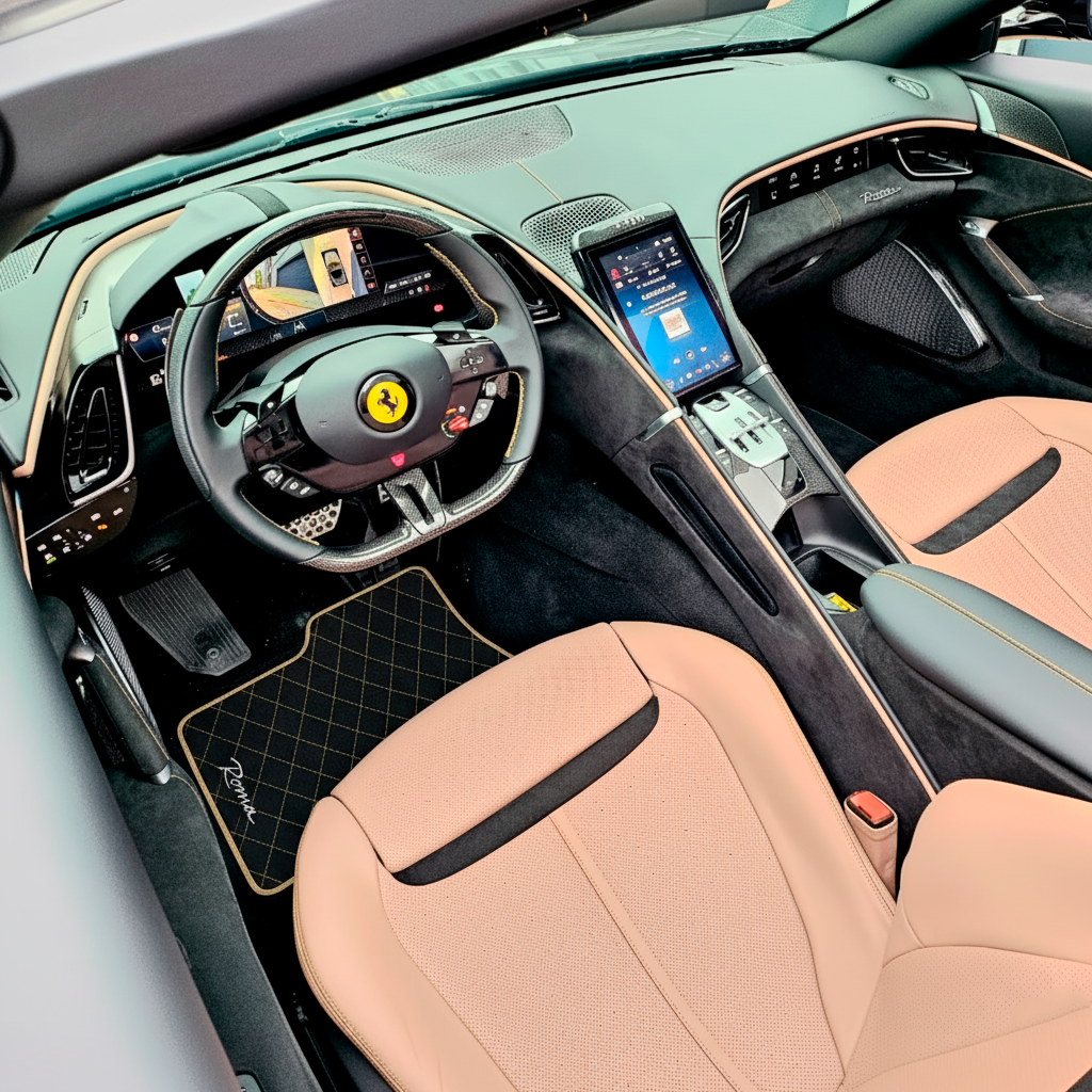 Black Floor Mats for Ferrari Roma (2021-2024) with Leather - AutoWin