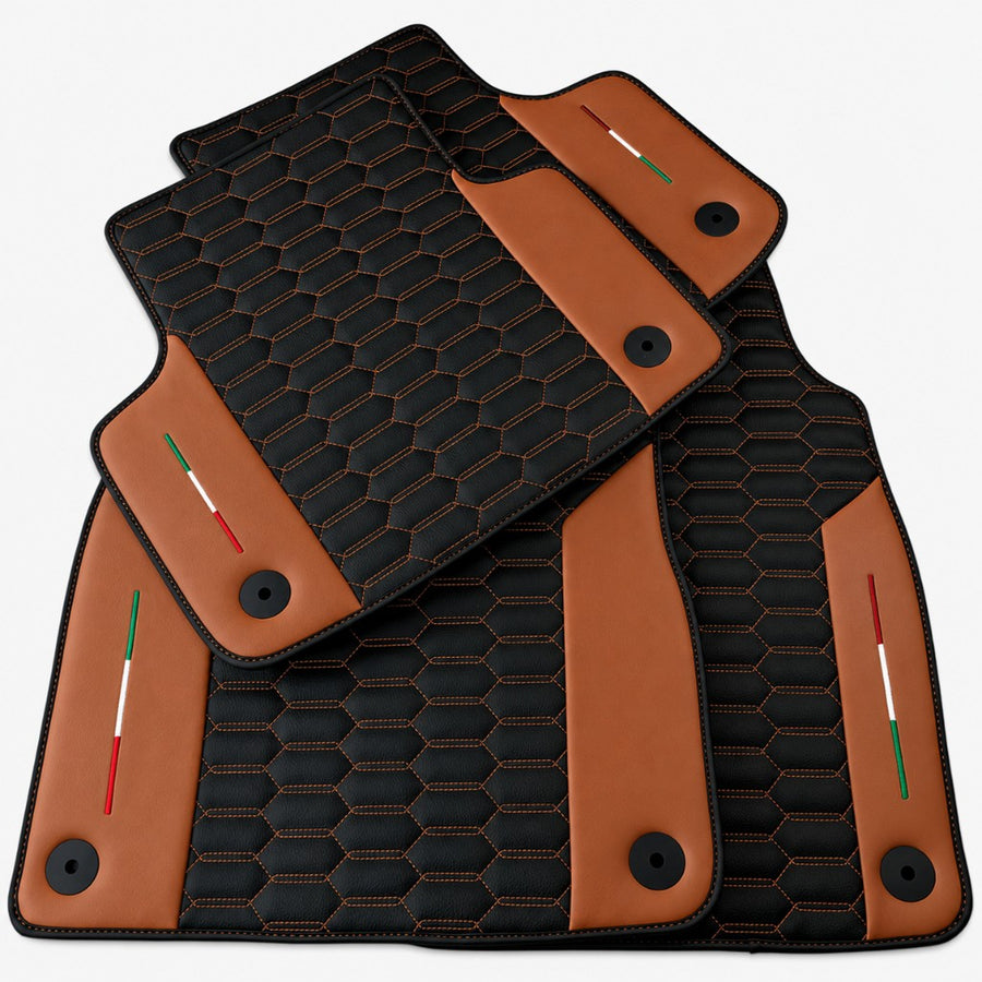 Black Floor Mats for Lamborghini Urus with Brown Leather Italy Flag - AutoWin