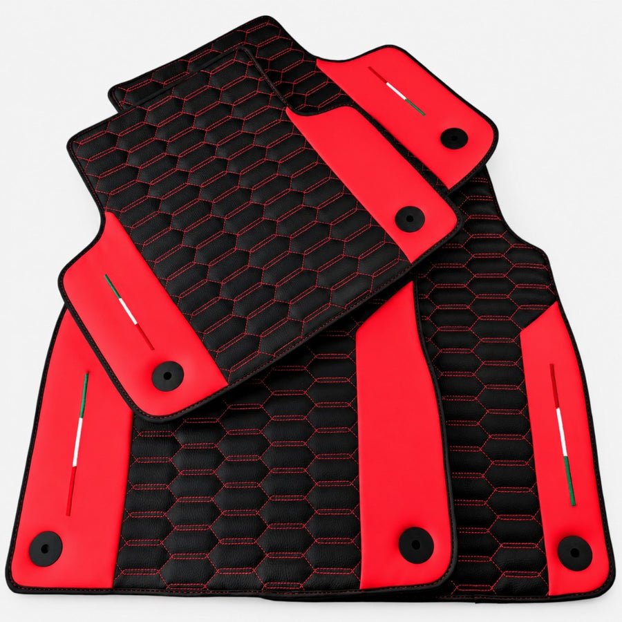 Black Floor Mats for Lamborghini Urus with Red Leather Italy Flag - AutoWin
