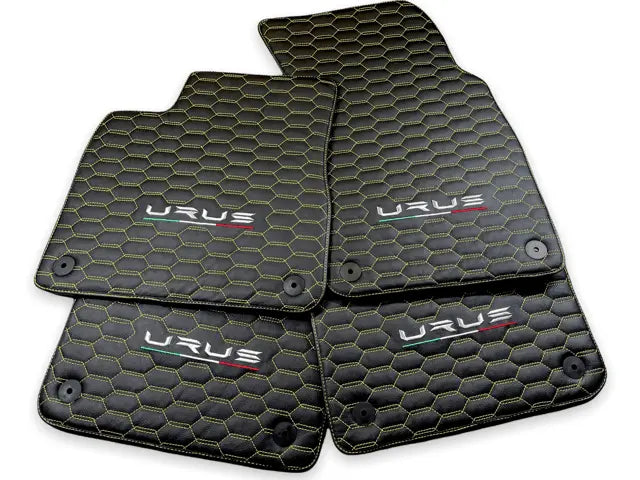 Floor Mats For Lamborghini Urus Leather Yellow Stitching - AutoWin