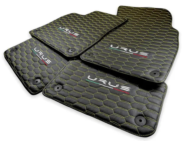 Floor Mats For Lamborghini Urus Leather Yellow Stitching - AutoWin