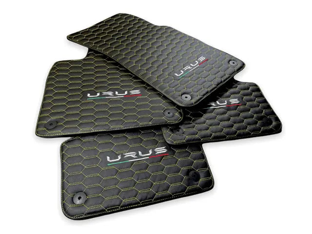 Floor Mats For Lamborghini Urus Leather Yellow Stitching - AutoWin