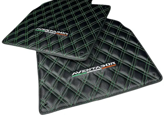 Floor Mats for Lamborghini Aventador Carbon Fiber Leather Green Stitching - AutoWin