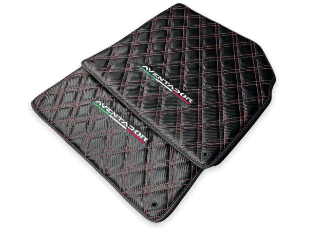 Floor Mats for Lamborghini Aventador Carbon Fiber Leather Red Stitching - AutoWin