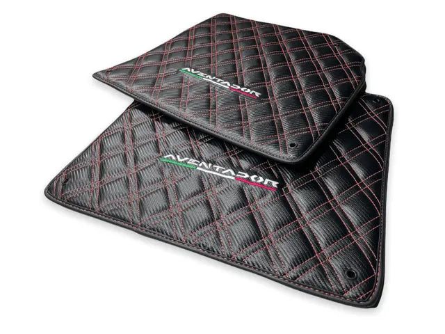 Floor Mats for Lamborghini Aventador Carbon Fiber Leather Red Stitching - AutoWin
