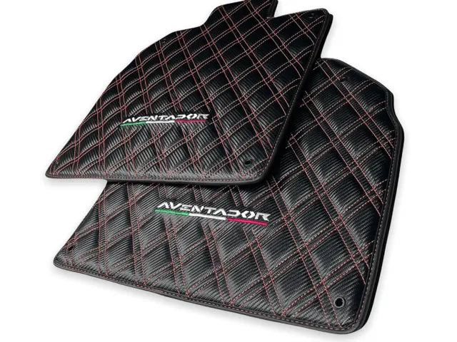 Floor Mats for Lamborghini Aventador Carbon Fiber Leather Red Stitching - AutoWin