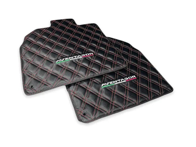 Floor Mats for Lamborghini Aventador Carbon Fiber Leather Red Stitching - AutoWin