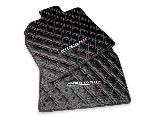 Floor Mats for Lamborghini Aventador Carbon Fiber Leather Red Stitching - AutoWin
