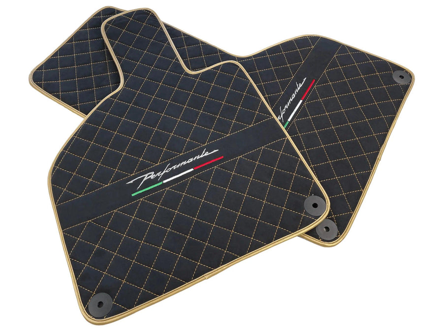Floor Mats for Lamborghini Huracan Perfomante Alcantara Leather Gold Trim - AutoWin