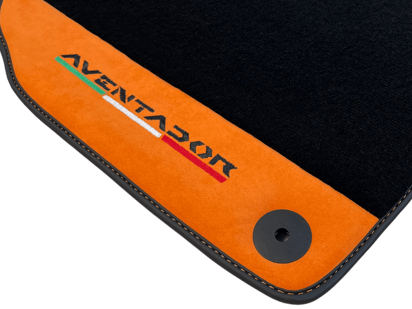 Black Floor Mats for Lamborghini Aventador With Orange Alcantara Leather - AutoWin