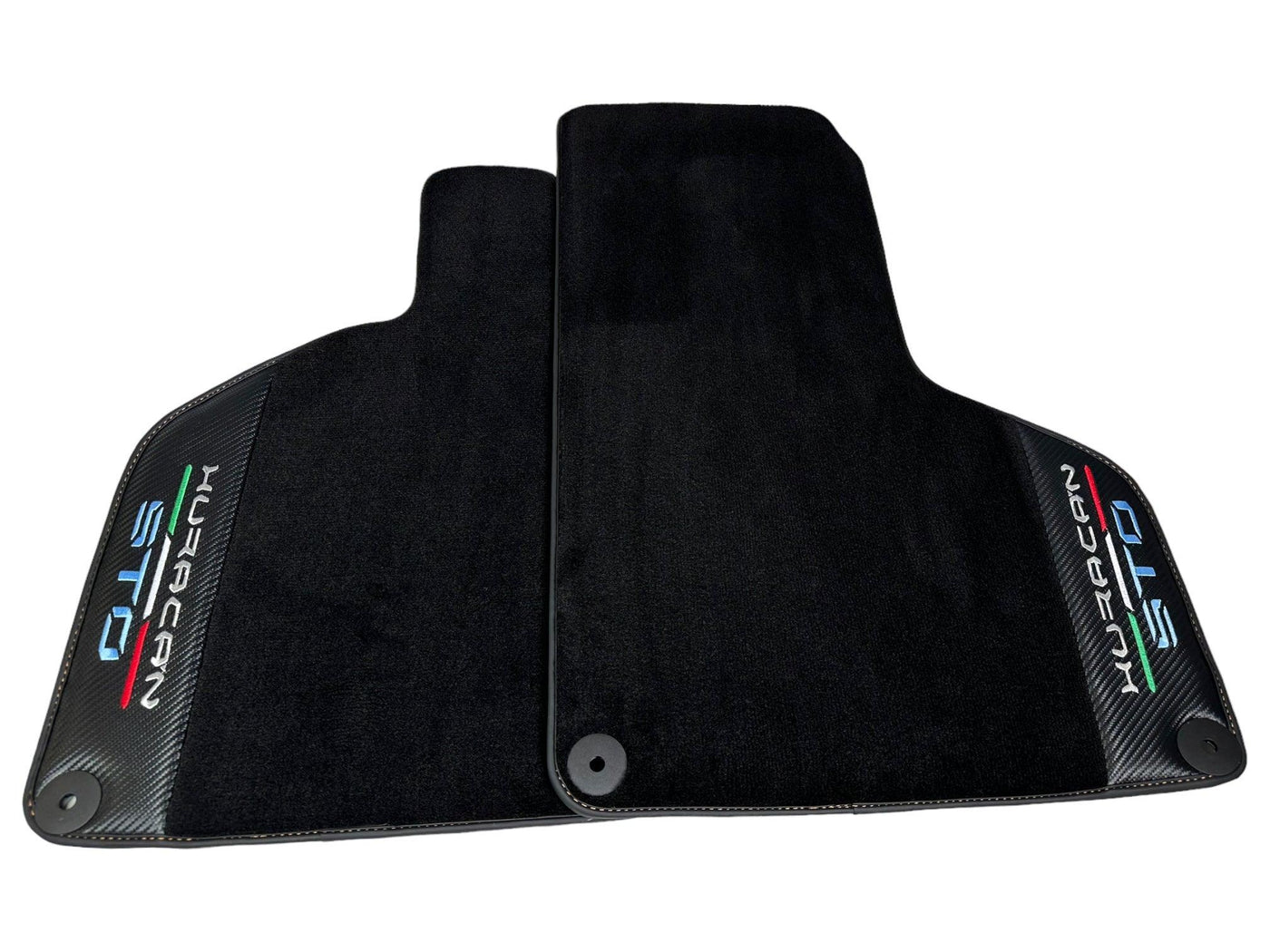 Huracan STO Black Mats: Carbon Fiber Leather & Orange Sewing