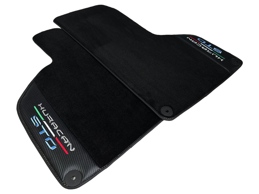 Huracan STO Black Mats: Carbon Fiber Leather & Orange Sewing