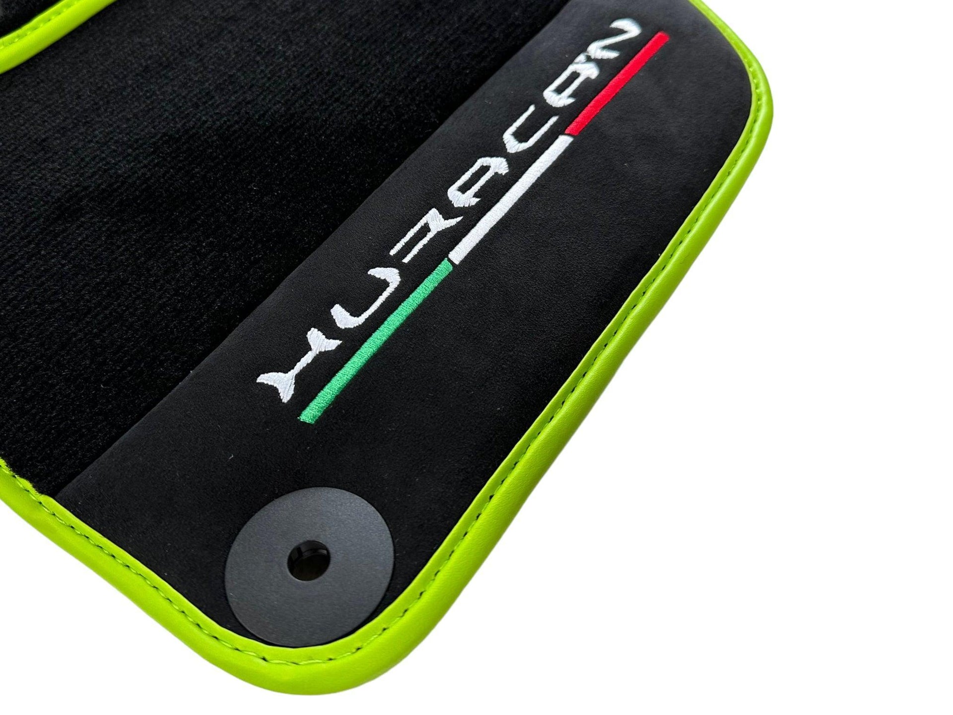 Black Floor Mats for Lamborghini Huracan With Alcantara Leather Green Trim - AutoWin