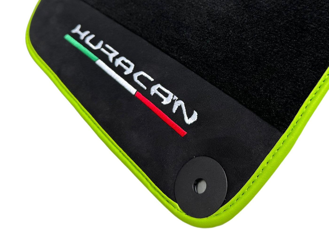 Black Floor Mats for Lamborghini Huracan With Alcantara Leather Green Trim - AutoWin