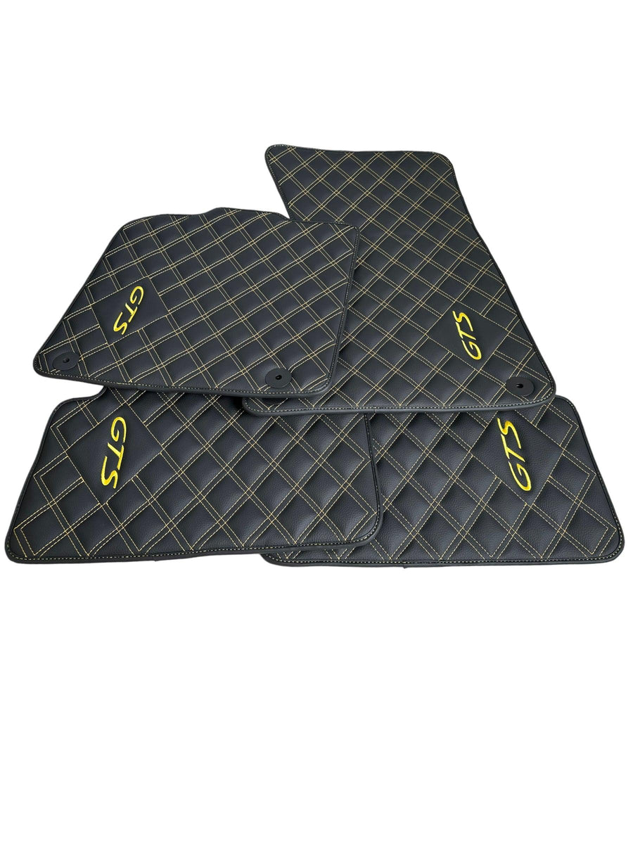 Black Leather Floor Mats for Porsche Macan GTS Yellow Sewing - AutoWin