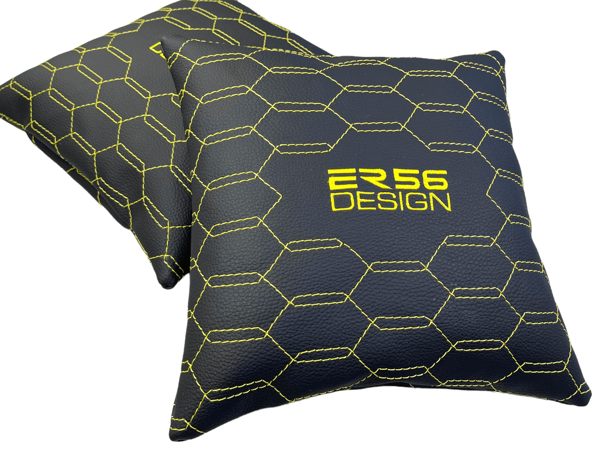 Black Leather Pillows ER56 Design Set of 2 Yellow Sewing - AutoWin