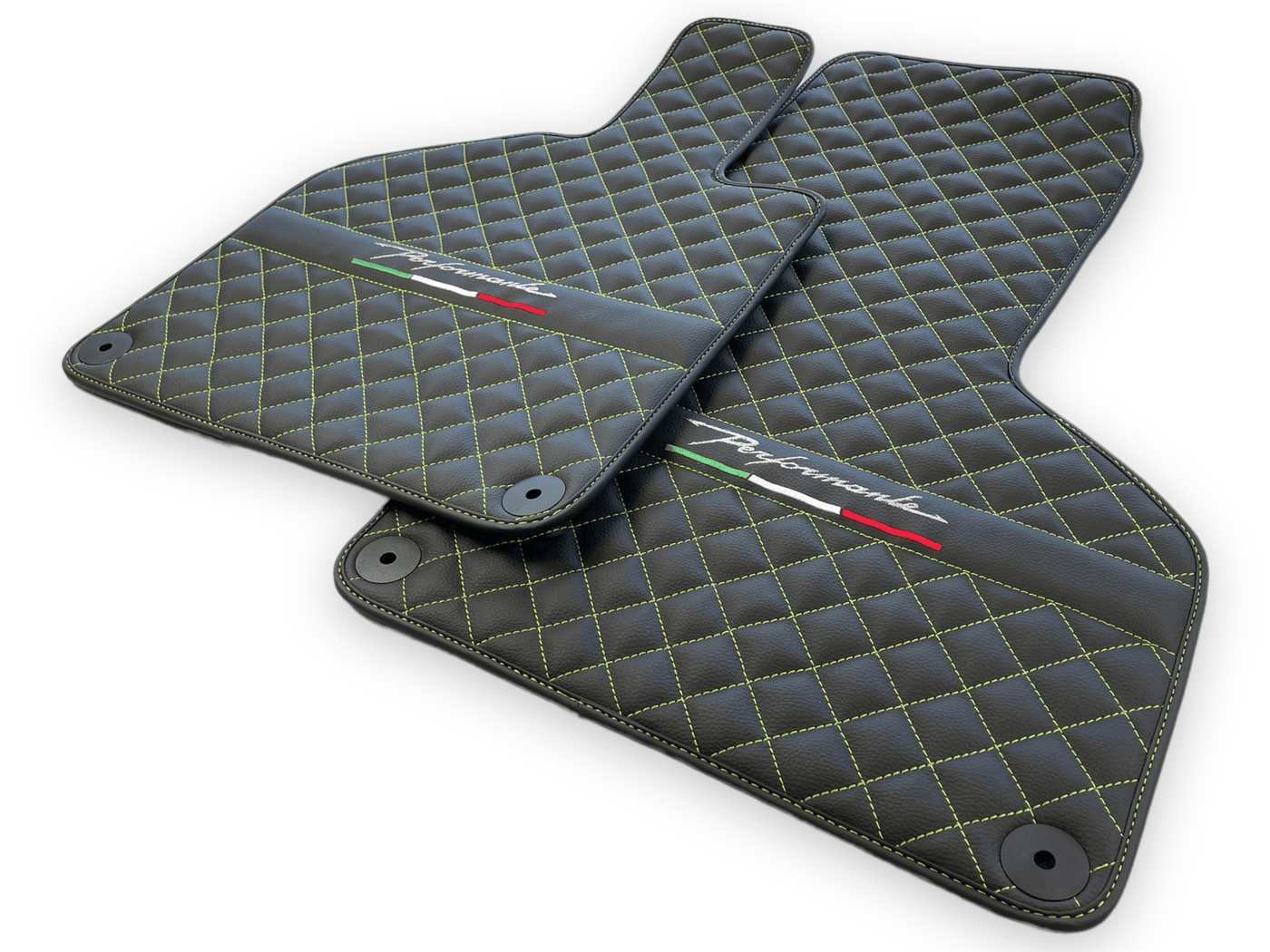 Black Leather Floor Mats for Lamborghini Huracan Perfomante | Green Stitching - AutoWin
